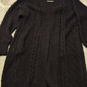 Open-Front Black Cable Cardigan Sweater